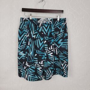 AERO 87 Swim Shorts Mens 30 Black Green Stretchy Zipper Pocket Lace Up Closure